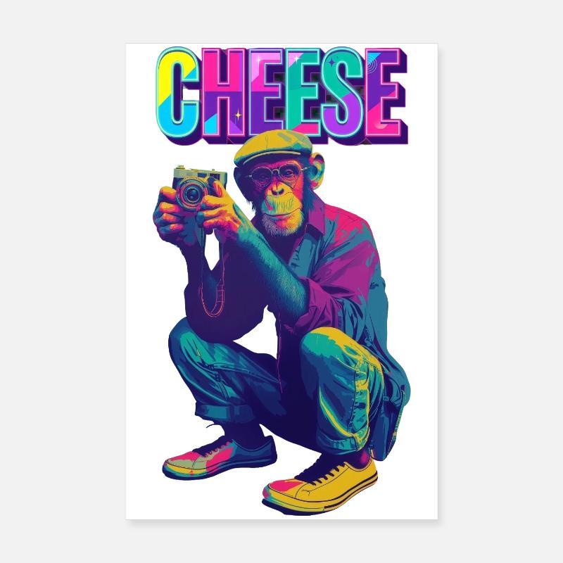 Cheese! Monkey with camera in neon pop art style Poster 8" x 12" (20x30 cm)