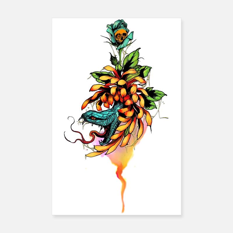 Amazing snake with skull and flowers. Poster 8" x 12" (20x30 cm)