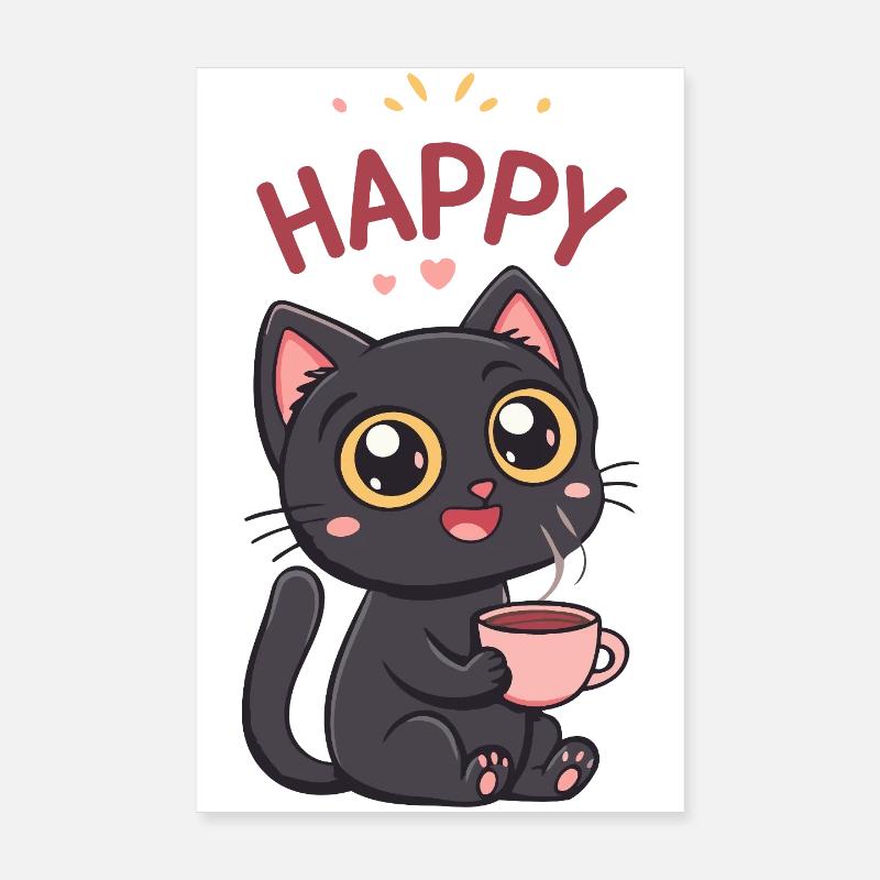 Kawaii Black Cat Coffee with Pink Mug Poster 8" x 12" (20x30 cm)