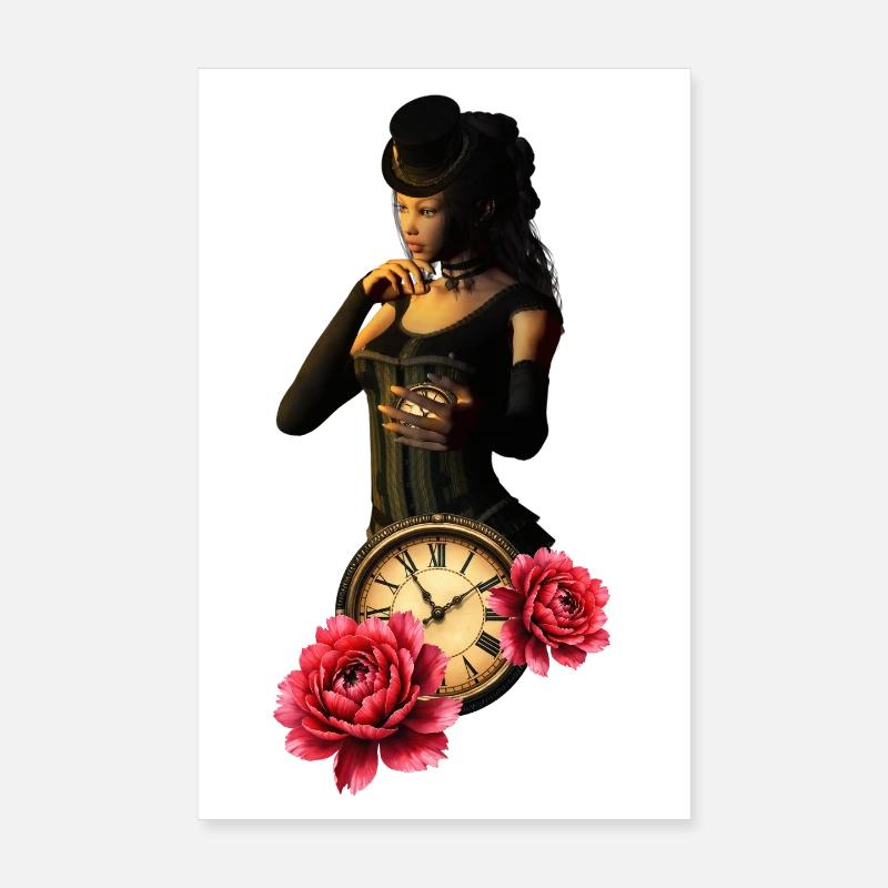 Steampunk Uhr mit Rosen Poster 20x30 cm