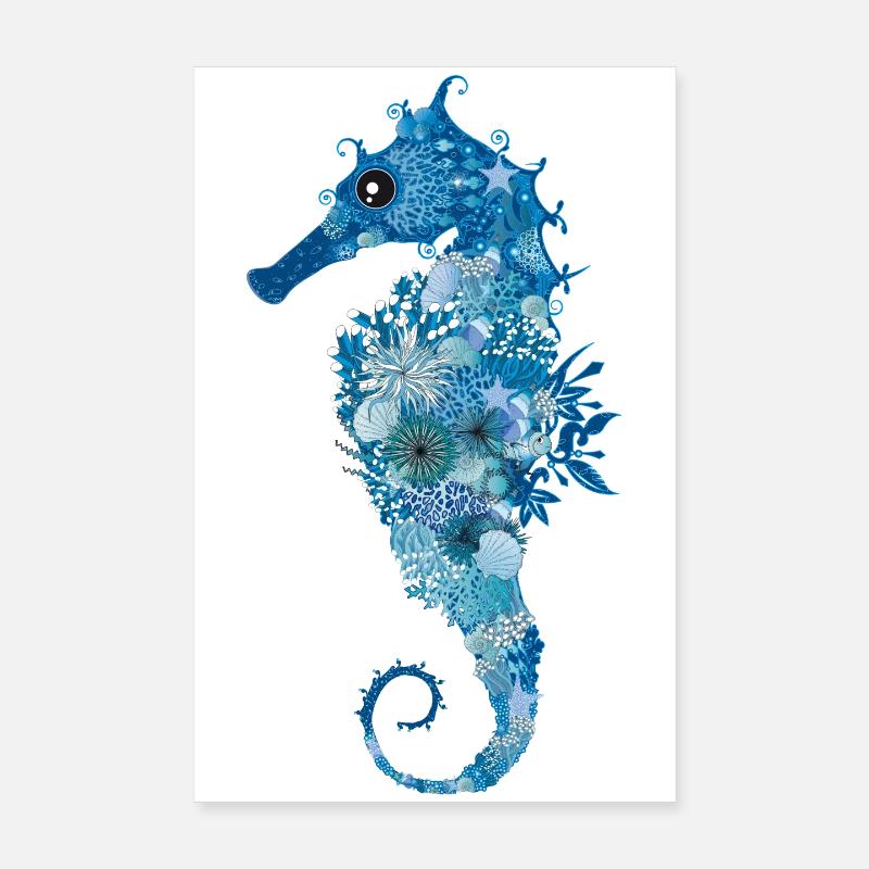 Hippocampe avec coraux, coquillages et anémones de mer - Poster 20 x 30 cm - blanc