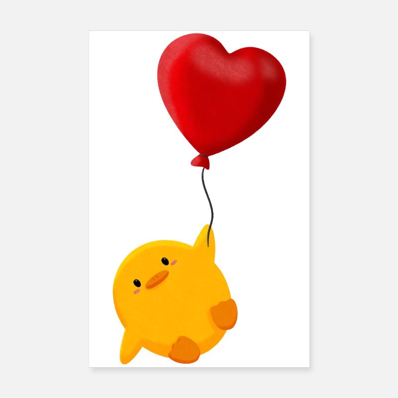 Süßes Küken schwebt an Herz Luftballon - Poster 20x30 cm - Weiß