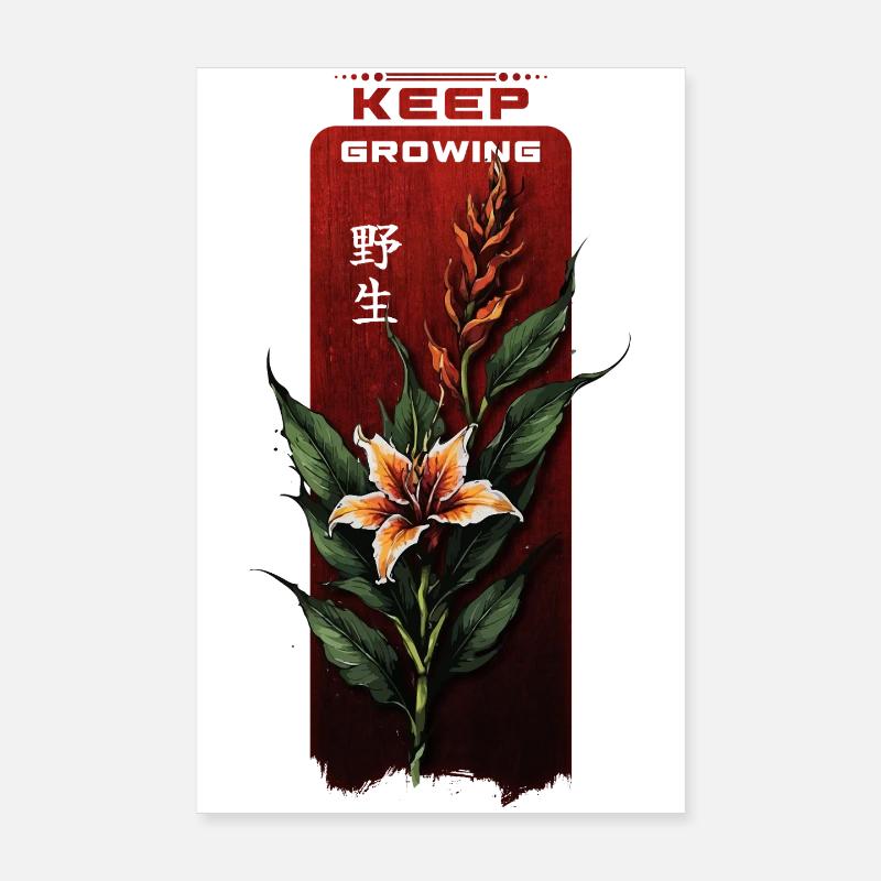 Keep Growing Floral on Red Plaque Poster 8" x 12" (20x30 cm)