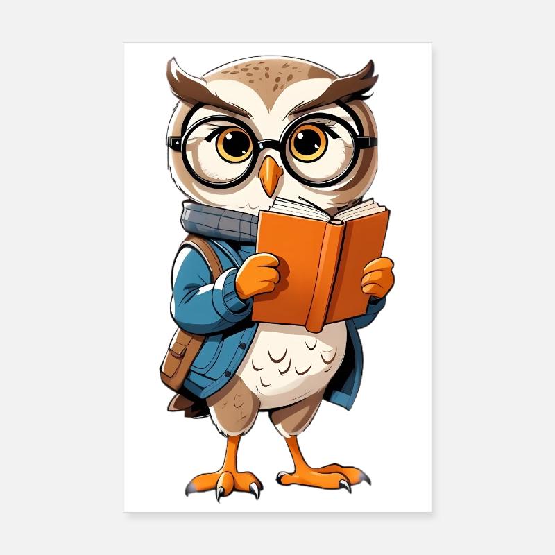 Learning owl with glasses reads book Poster 8" x 12" (20x30 cm)