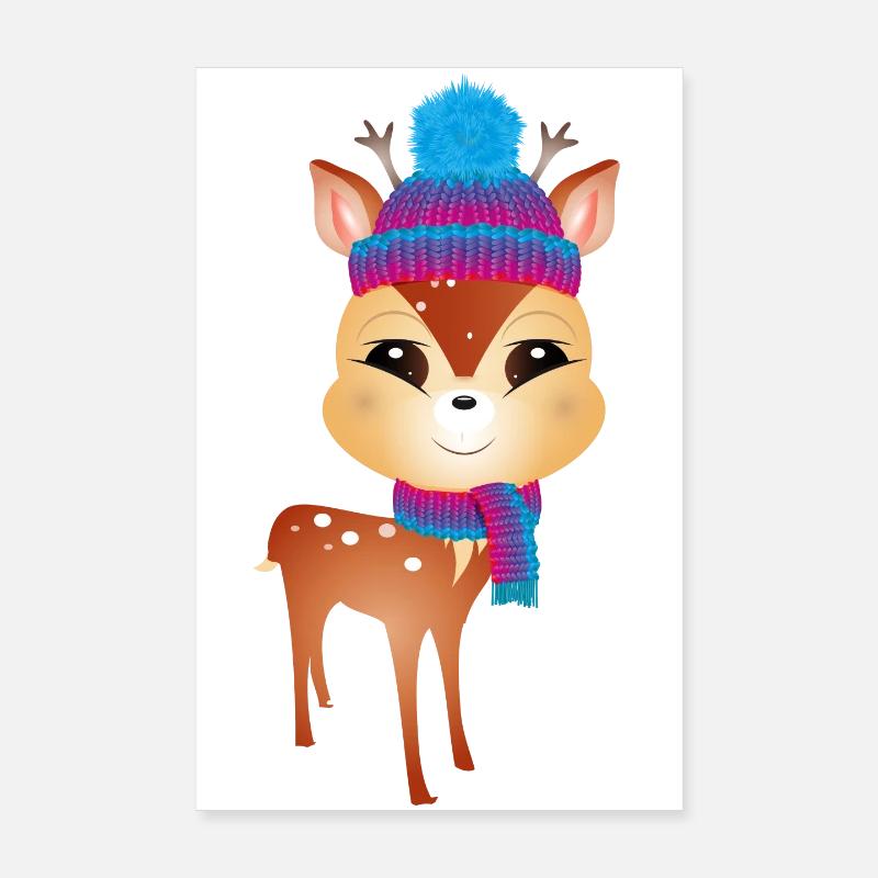 mignon petit cerf avec bonnet pompon et écharpe Poster 20 x 30 cm