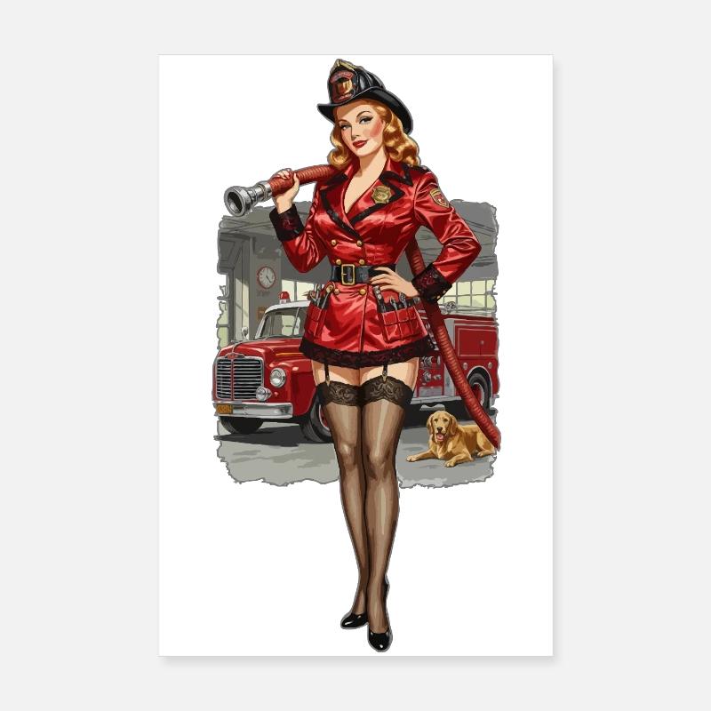 Pompier pin-up en rouge Poster 20 x 30 cm
