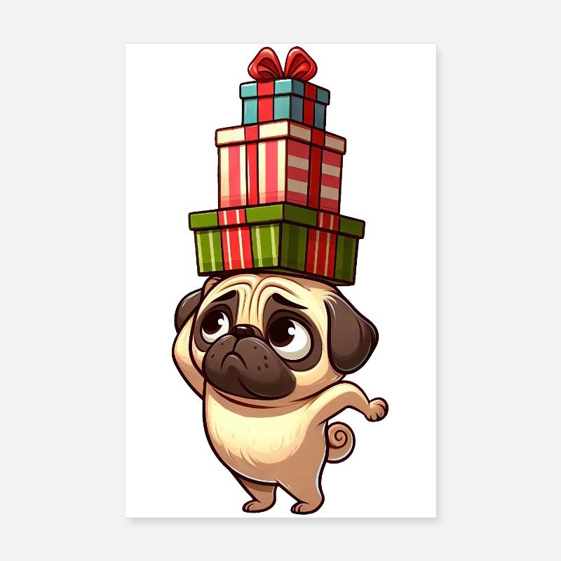 Lustiger Mops balanciert Weihnachtsgeschenke Poster 20x30 cm