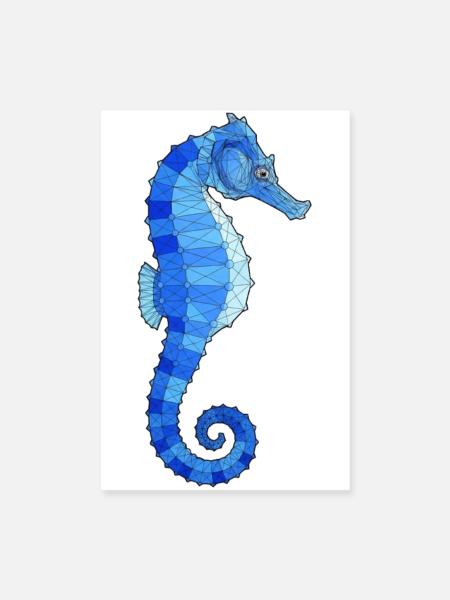 Geometrisches Blaues Seepferd-Print - Poster 20x30 cm - Weiß - Vorne