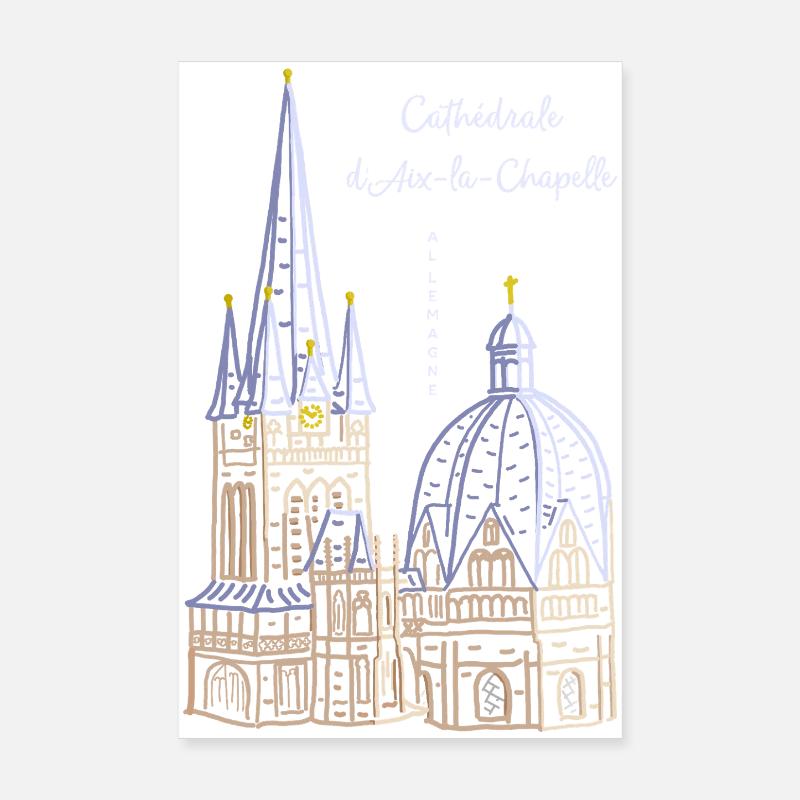 Cathédrale d’Aix-la-Chapelle, français, dessin à la main Poster 20 x 30 cm