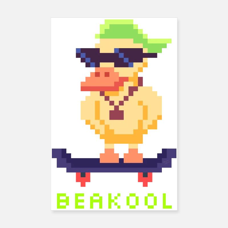 Canard Pixel Art avec planche à roulettes et casquette Poster 20 x 30 cm
