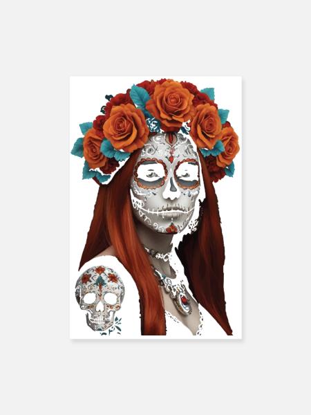 Blumen Zucker Schädel Porträt - Poster 20x30 cm - Weiß - Vorne