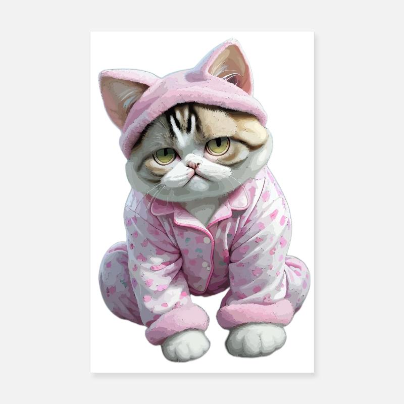 Chats chat mignon en pyjama rose avec des coeurs Poster 20 x 30 cm