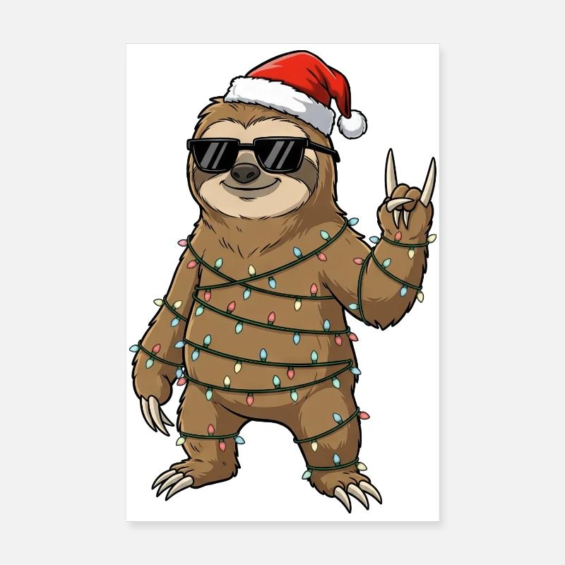 Cute Sloth with Christmas String Lights Cartoon Poster 8" x 12" (20x30 cm)