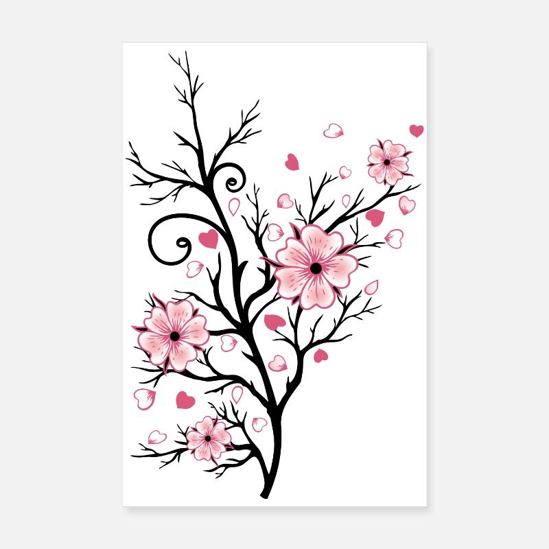 Cherry Tree Cherry Blossoms with Hearts Sakura Spring - Poster 8" x 12" (20x30 cm) - white