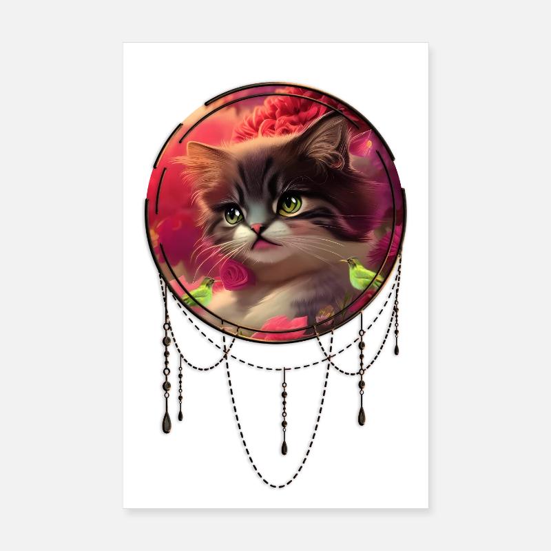 Chaton mignon avec des oiseaux Poster 20 x 30 cm
