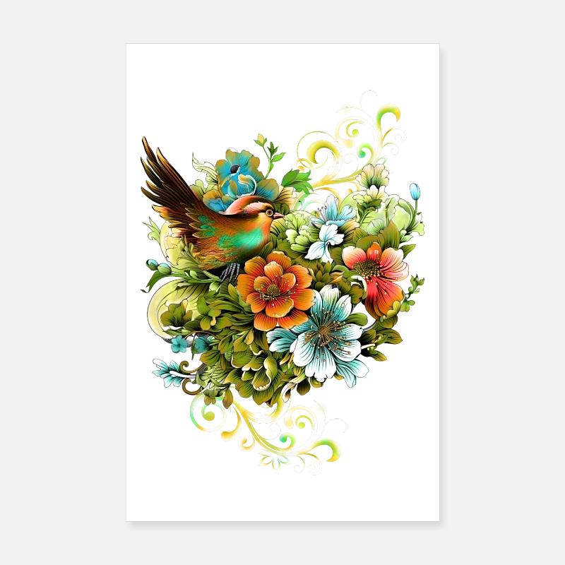 La beauté des oiseaux et des fleurs ensemble. Poster 20 x 30 cm