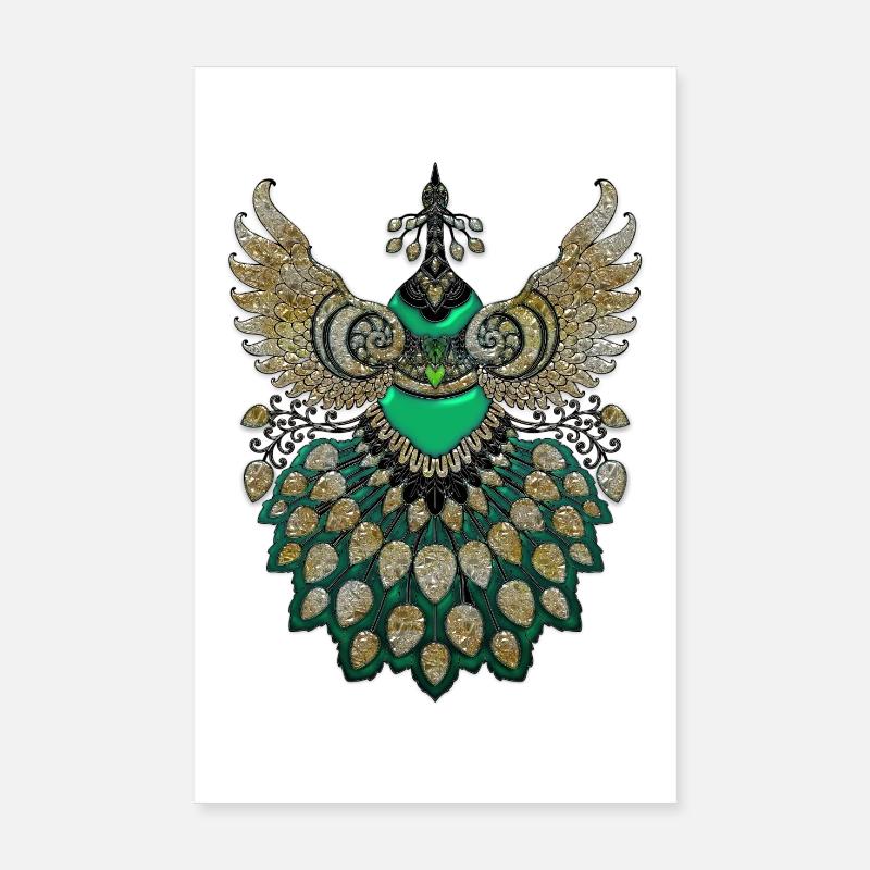 Beau paon élégant aux couleurs vertes. Poster 20 x 30 cm