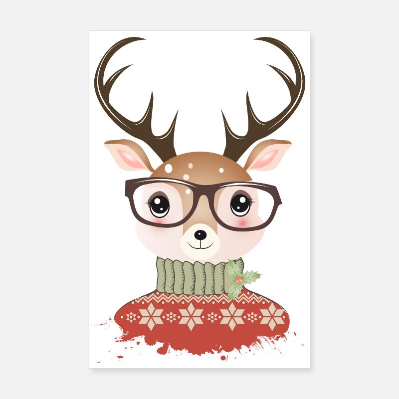 Cerf avec pull de Noël et lunettes de nerd Poster 20 x 30 cm