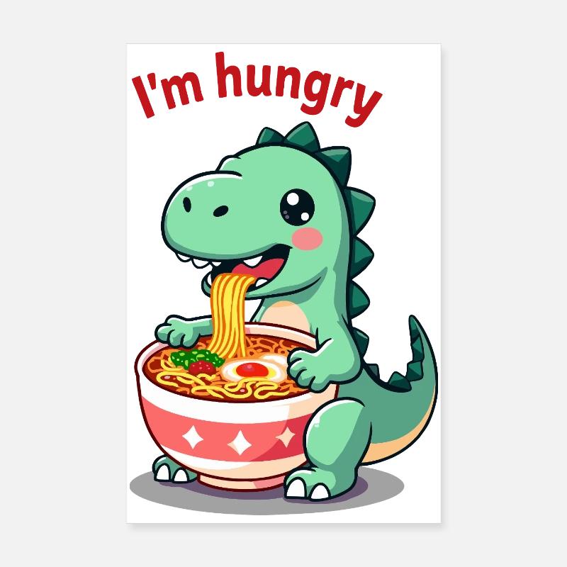 Dinosaure mangeant des ramen dessin animé Poster 20 x 30 cm