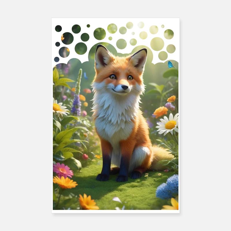 Frecher süßer Fuchs auf einer Wiese mit Blumen Poster 20x30 cm