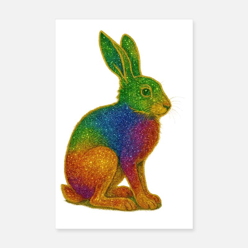 Regenbogen Hase mit Glitzereffekt - Poster 20x30 cm - Weiß