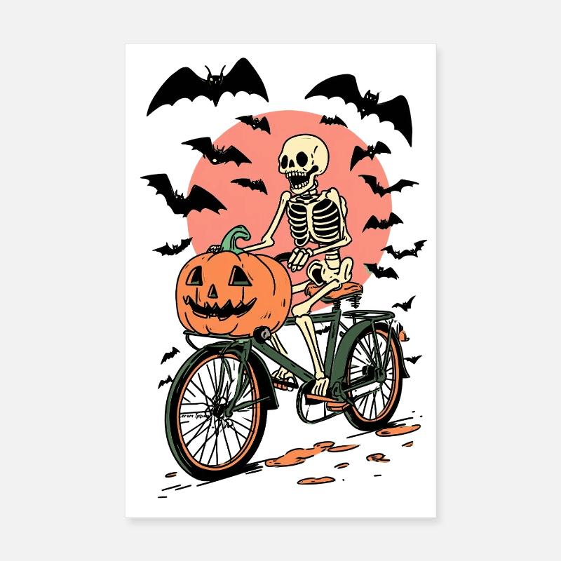 Squelette à vélo avec citrouille Poster 20 x 30 cm