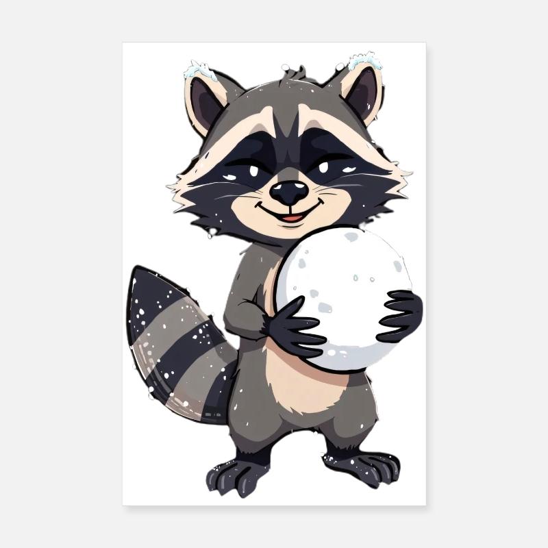 Waschbär mit grossem Schneeball Poster 20x30 cm