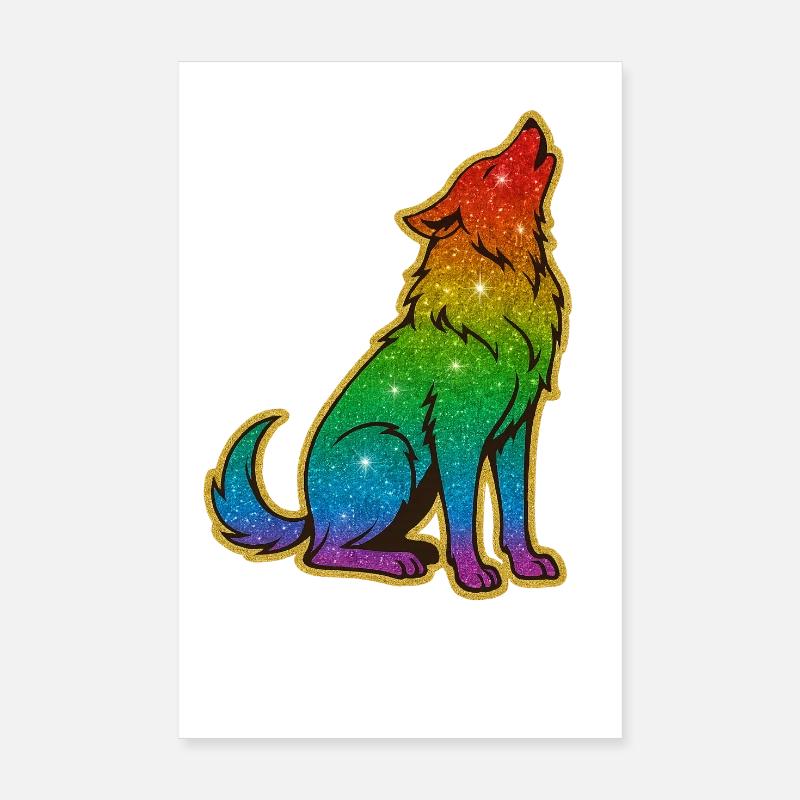 Howling Rainbow Wolf Glitter Silhouette Poster 8" x 12" (20x30 cm)