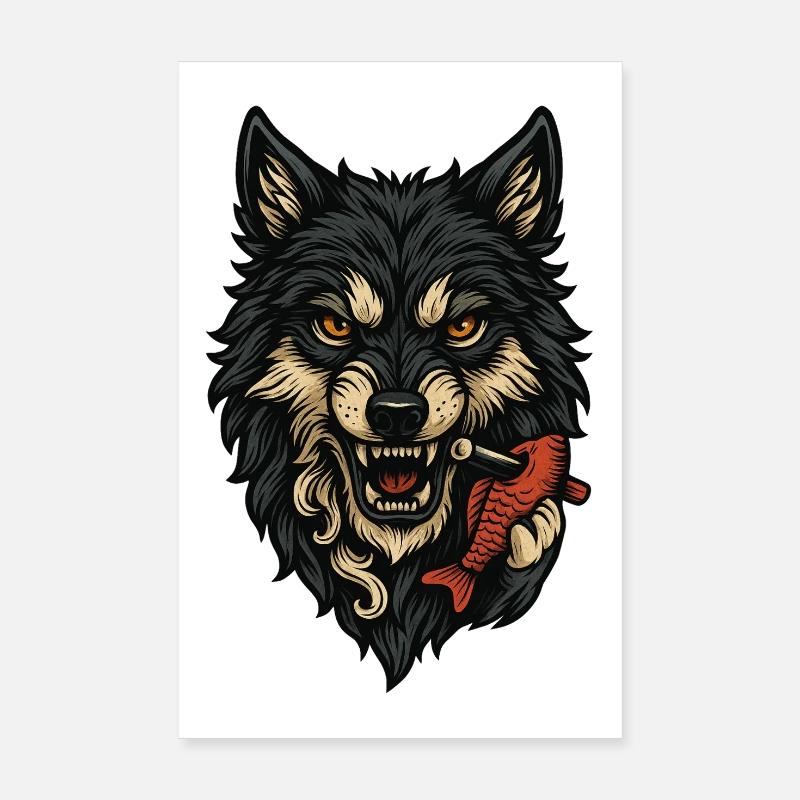 Wildes Wolfsgesicht mit Knochen Poster 20x30 cm