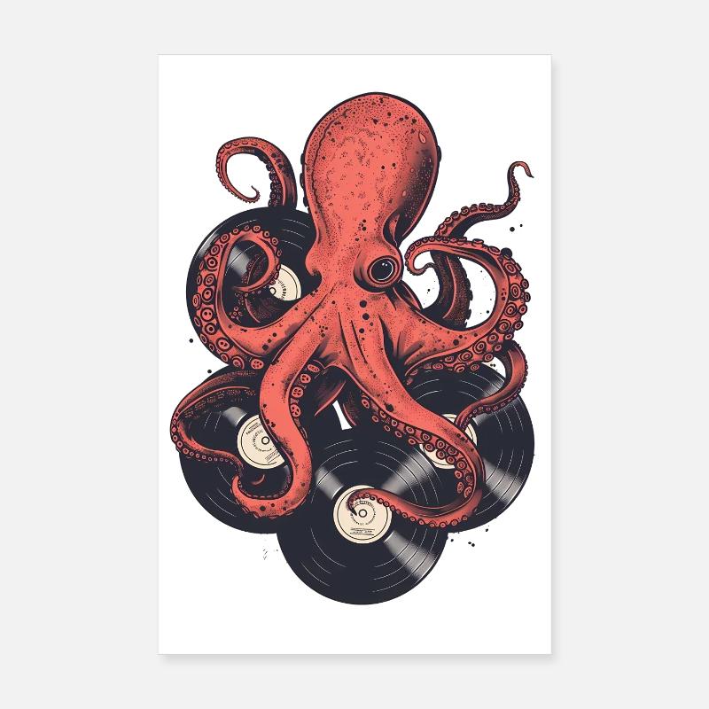Pieuvre avec disques vinyles – Retro Music Design Poster 20 x 30 cm