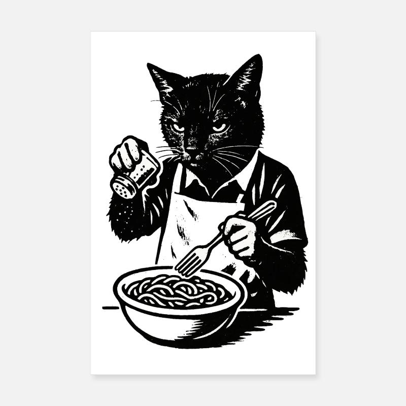 Cat Cook Noodles Illustration Poster 8" x 12" (20x30 cm)
