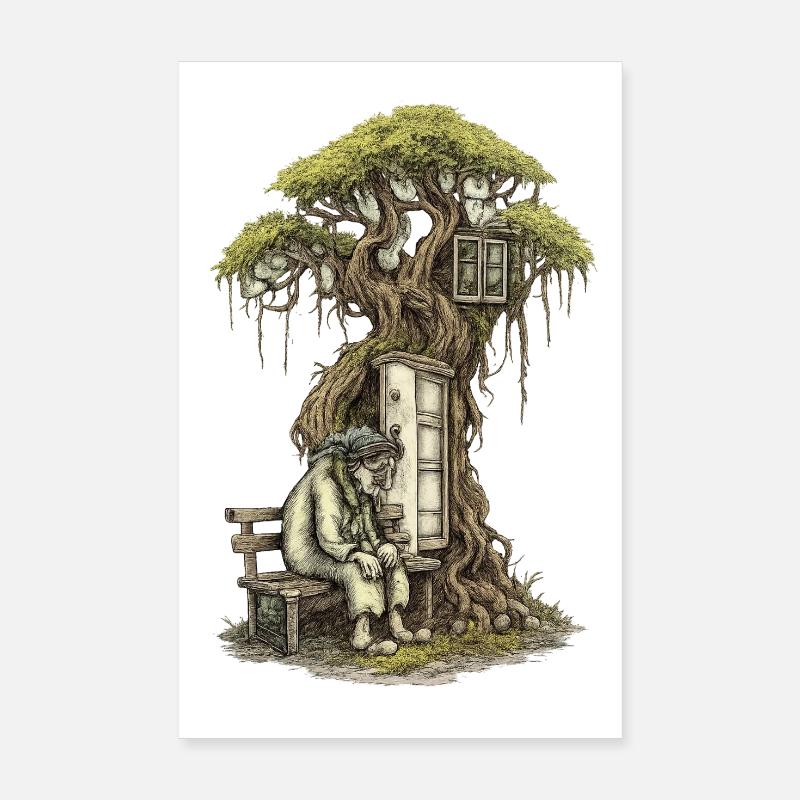 Treehouse poem: Old man squats in front of tree Poster 8" x 12" (20x30 cm)
