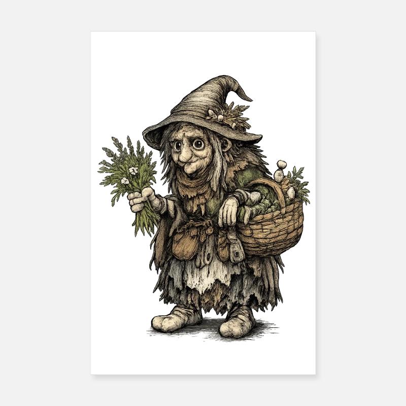 Sorcière des herbes | Sorcière de la récolte avec panier et herbes Poster 20 x 30 cm
