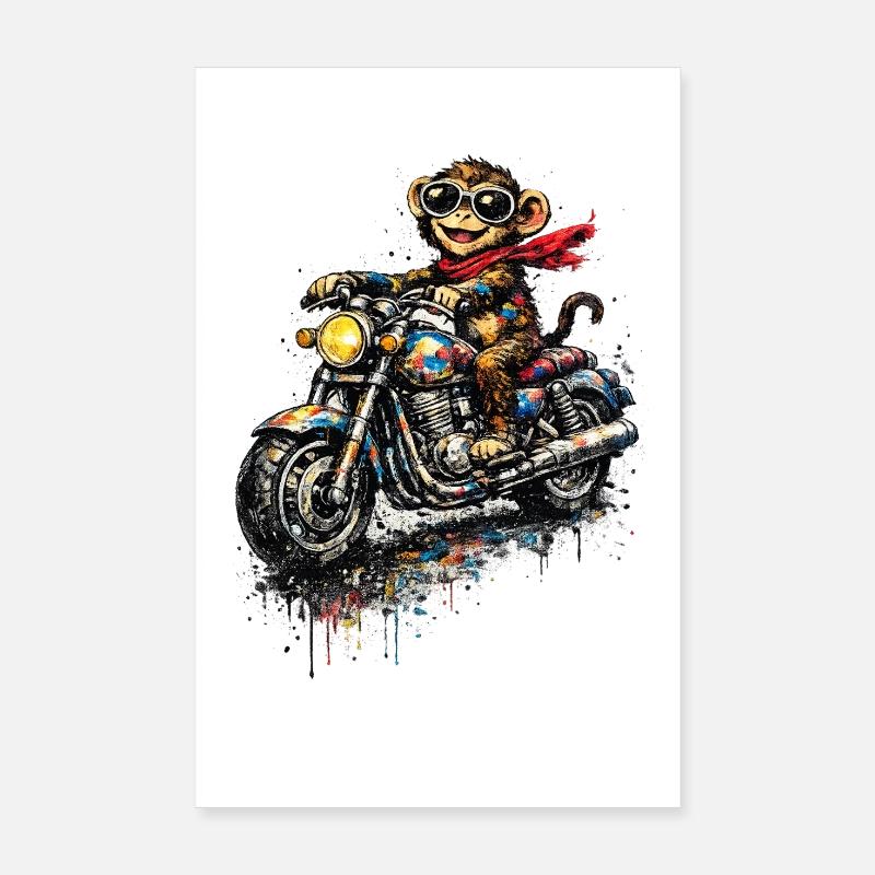 Monkey on motorcycle color explosion Poster 8" x 12" (20x30 cm)