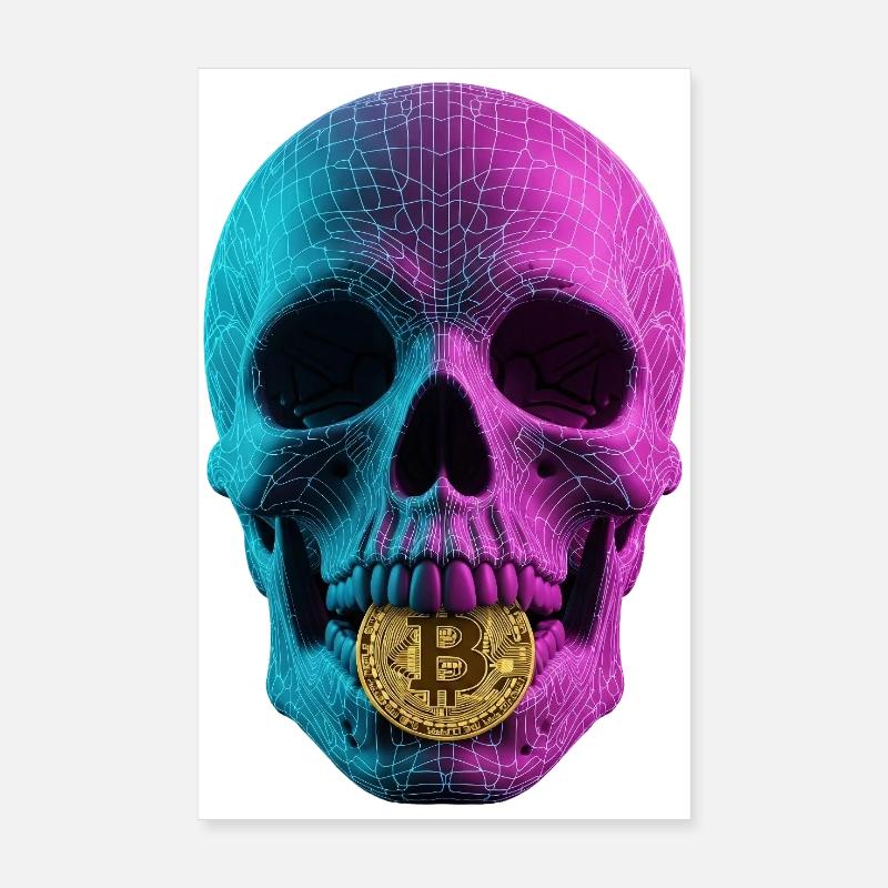 Conception du fil de fer de crâne Bitcoin Cyan Magenta Poster 20 x 30 cm