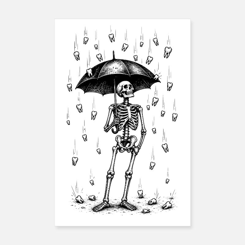 Skeleton in Tooth Rain with Umbrella Poster 8" x 12" (20x30 cm)
