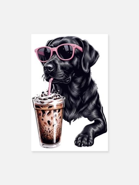 Coffee Dog avec des lunettes de soleil roses - Poster 20 x 30 cm - blanc - Devant