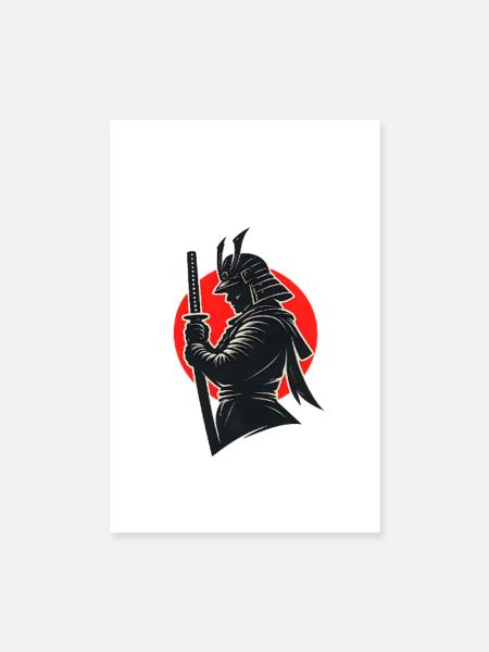 Samurai Silhouette Under Red Sun - Poster 8" x 12" (20x30 cm) - white - Front