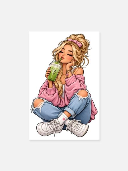 Mädchen mit Matcha Latte - Poster 20x30 cm - Weiß - Vorne