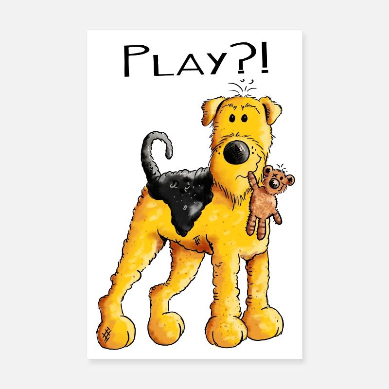 Play Airedale Terrier mit Teddy - Comic - Fun - Poster 20x30 cm - Weiß