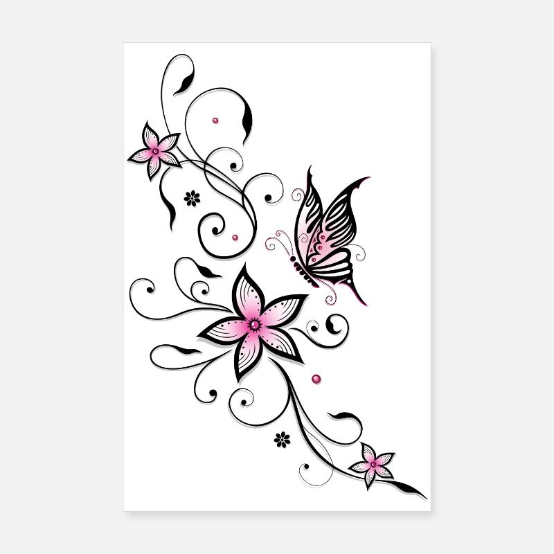 Vrille de filigrane avec papillon et fleurs. Poster 20 x 30 cm