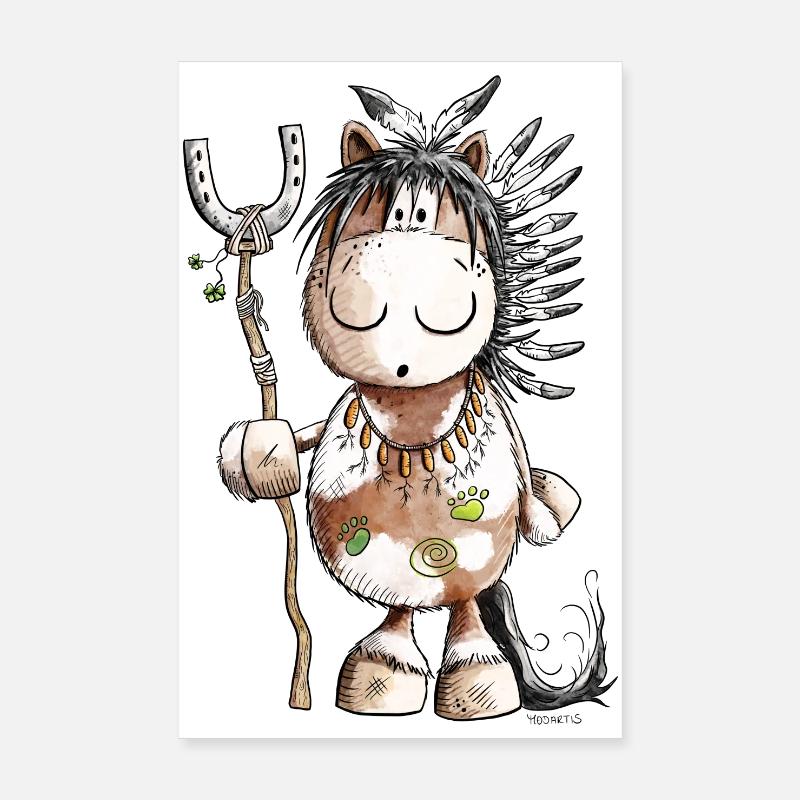 Häuptling Pferd Mit Indianer Federschmuck - Poster 20x30 cm - Weiß