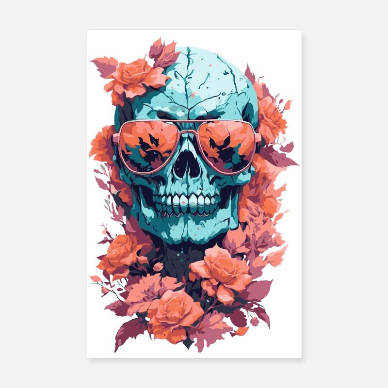 Crâne avec des lunettes et des fleurs d’automne - Poster 20 x 30 cm - blanc