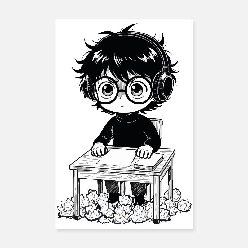 Student Sticker Headset Saturation Black and White Poster 8" x 12" (20x30 cm)