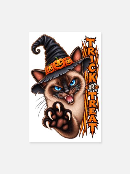 Siamkatze Hexenhut Trick or Treat Halloween - Poster 20x30 cm - Weiß