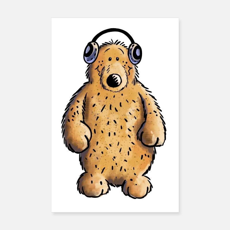 Lustiger Musik Bär - Teddy - Kopfhörer - Fun - Poster 20x30 cm - Weiß