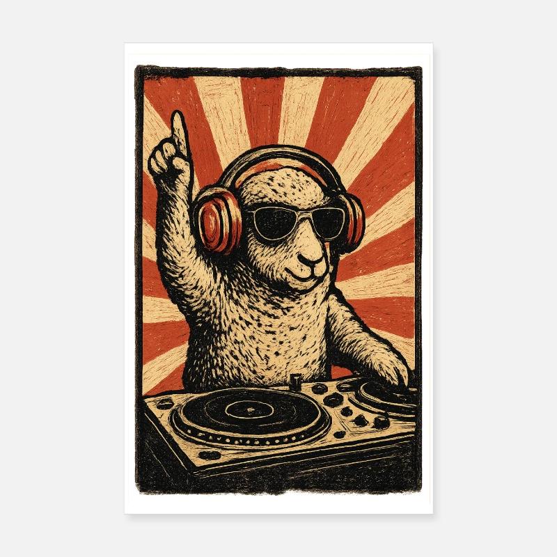 DJ Sheep avec des écouteurs - Poster 20 x 30 cm - blanc