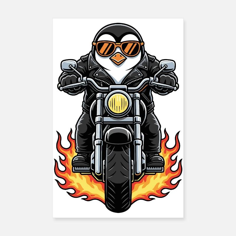 Cool Biker Penguin Motorcycle Flames Poster 20 x 30 cm