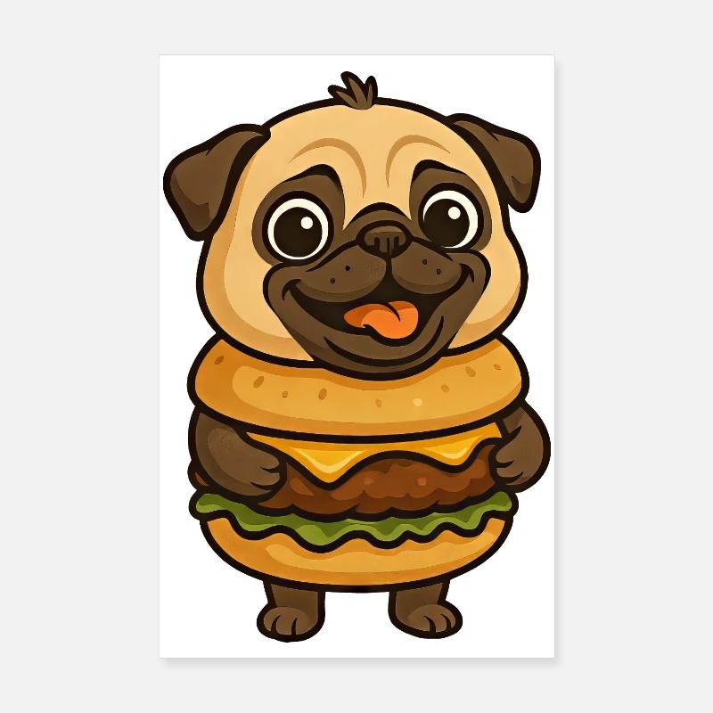 Lustiger Mops mit Hamburger Cheeseburger Fabeltier Poster 20x30 cm