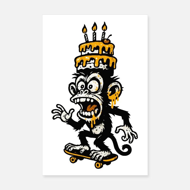 Absurd Monkey Birthday Cake Illustration Poster 8" x 12" (20x30 cm)